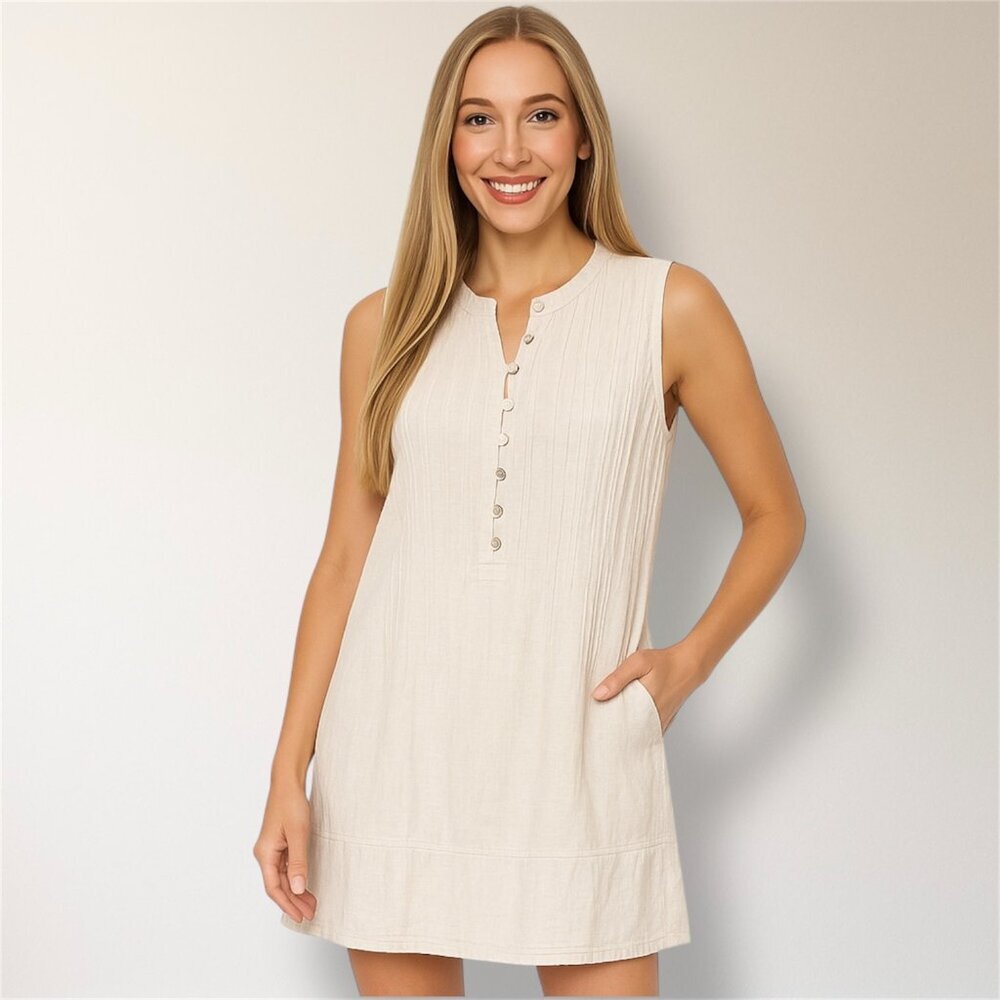 Blanco by Nature L Beige Gauze Sleeveless Mini‎ Dress Button Front Pockets Boho
